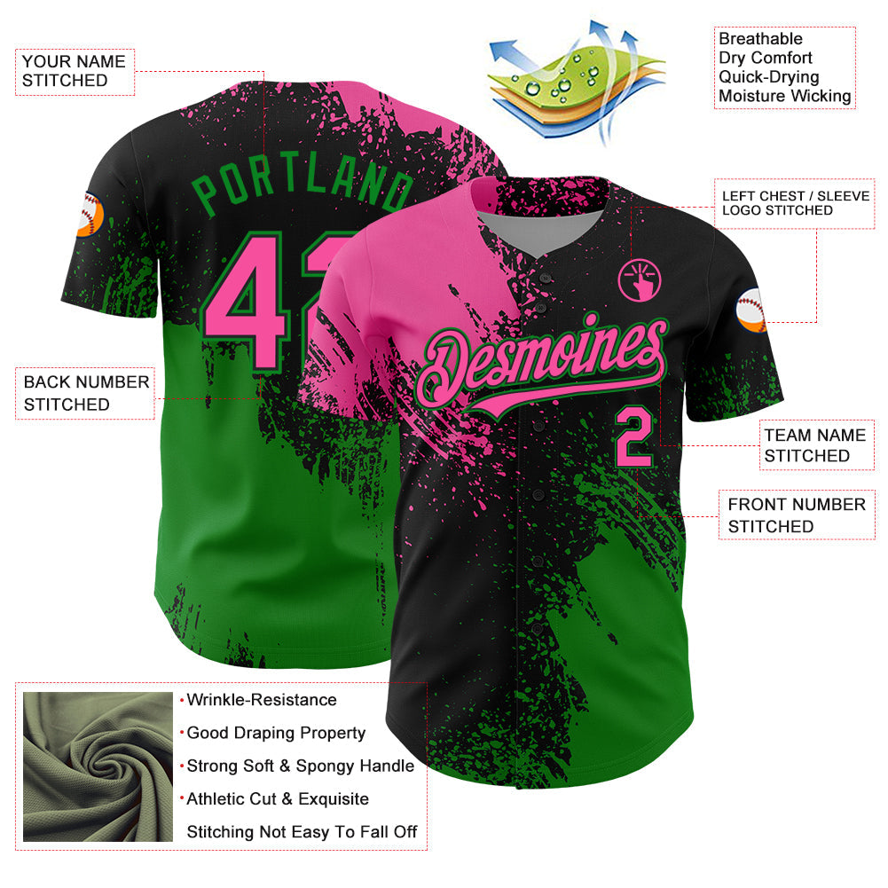 Custom Pink Black-Grass Green 3D Pattern Design Abstract Brush Stroke Authentic Baseball Jersey view 3