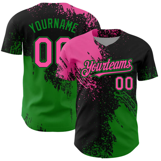 Custom Pink Black-Grass Green 3D Pattern Design Abstract Brush Stroke Authentic Baseball Jersey - Main View