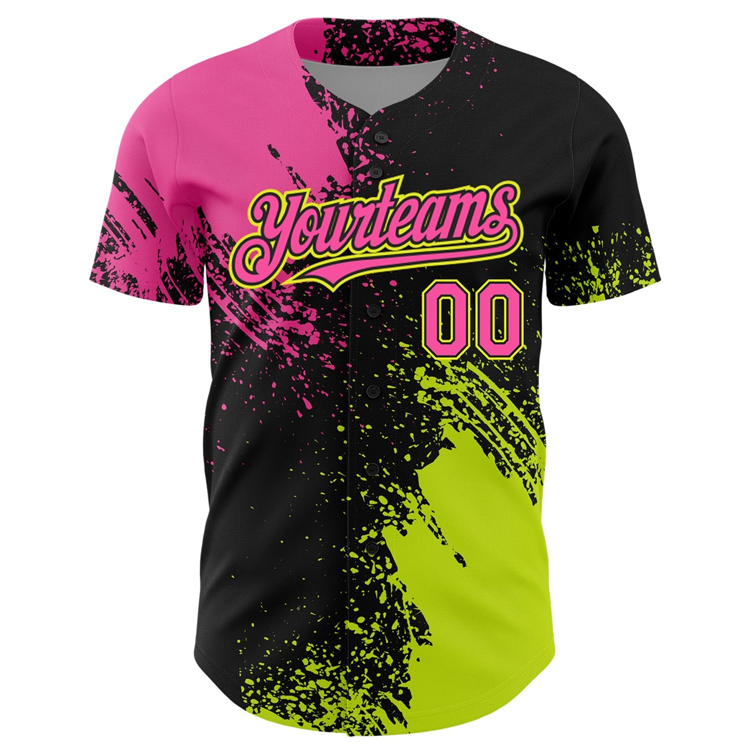 Custom Pink Black-Neon Yellow 3D Pattern Design Abstract Brush Stroke Authentic Baseball Jersey view 2