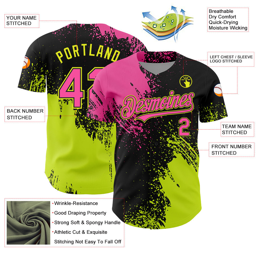 Custom Pink Black-Neon Yellow 3D Pattern Design Abstract Brush Stroke Authentic Baseball Jersey view 3
