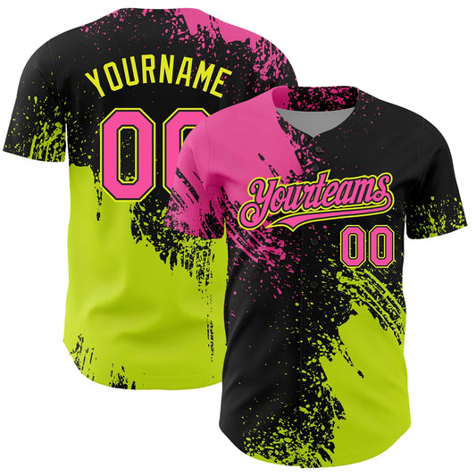 Custom Pink Black-Neon Yellow 3D Pattern Design Abstract Brush Stroke Authentic Baseball Jersey - Main View