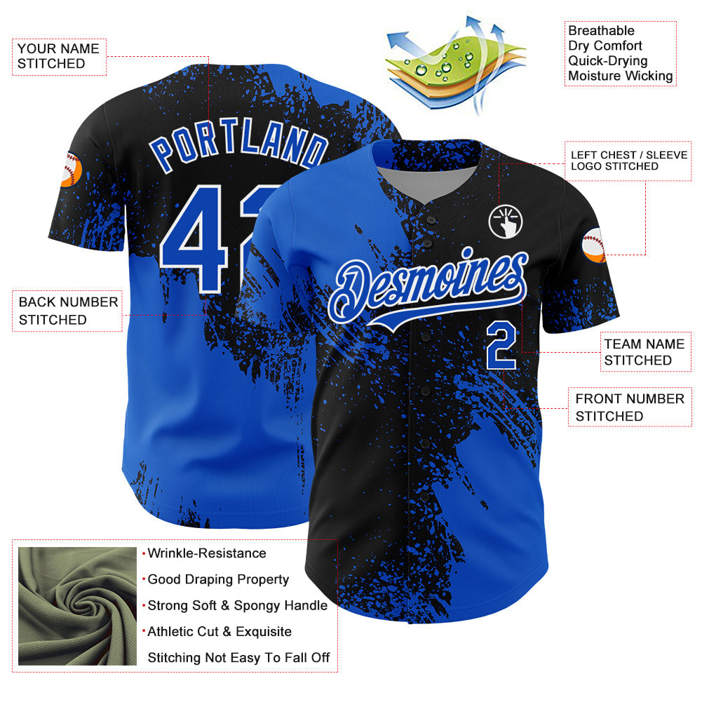 Custom Thunder Blue Black-White 3D Pattern Design Abstract Brush Stroke Authentic Baseball Jersey view 3