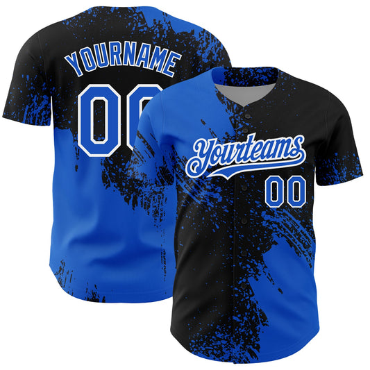 Custom Thunder Blue Black-White 3D Pattern Design Abstract Brush Stroke Authentic Baseball Jersey - Main View