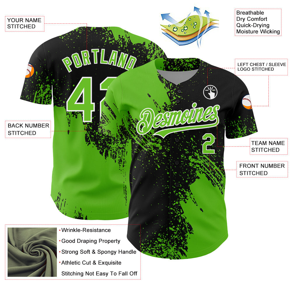 Custom Aurora Green Black-White 3D Pattern Design Abstract Brush Stroke Authentic Baseball Jersey view 4