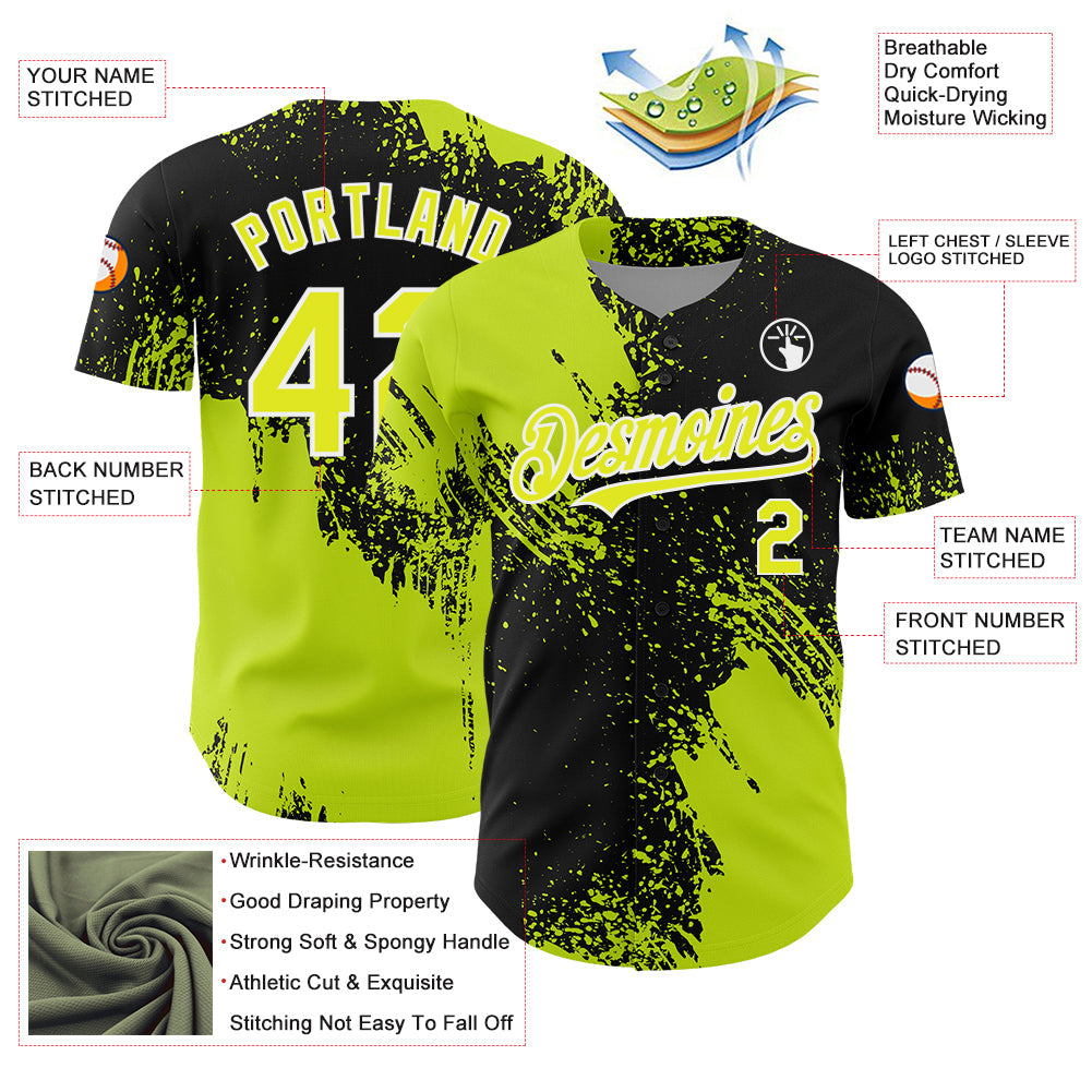 Custom Neon Yellow Black-White 3D Pattern Design Abstract Brush Stroke Authentic Baseball Jersey view 3