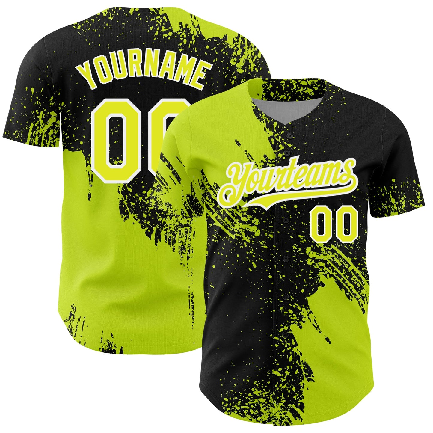 Custom Neon Yellow Black-White 3D Pattern Design Abstract Brush Stroke Authentic Baseball Jersey - Main View