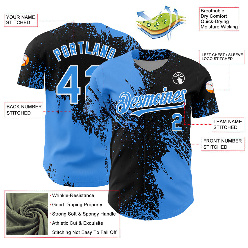 Custom Electric Blue Black-White 3D Pattern Design Abstract Brush Stroke Authentic Baseball Jersey view 3