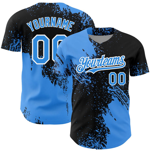 Custom Electric Blue Black-White 3D Pattern Design Abstract Brush Stroke Authentic Baseball Jersey - Main View