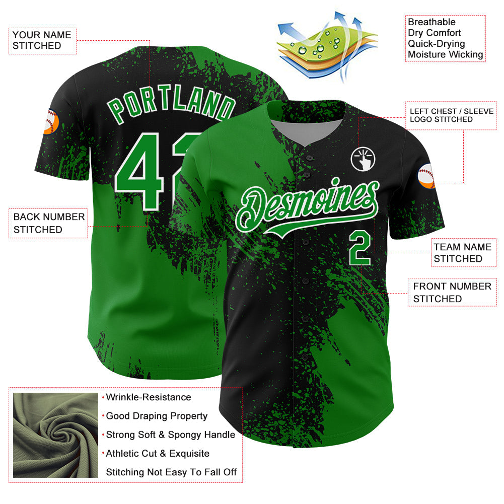 Custom Grass Green Black-White 3D Pattern Design Abstract Brush Stroke Authentic Baseball Jersey view 3