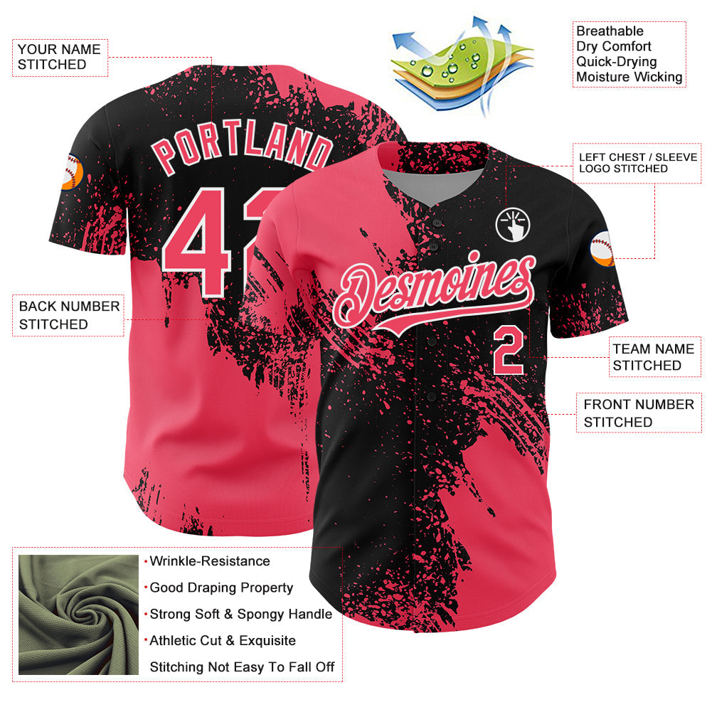 Custom Neon Pink Black-White 3D Pattern Design Abstract Brush Stroke Authentic Baseball Jersey view 3