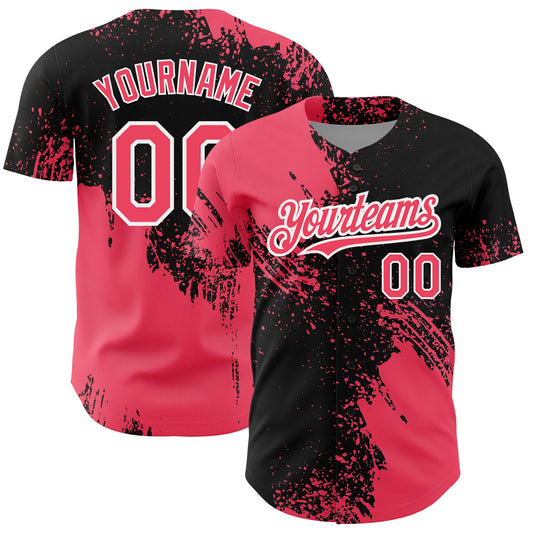 Custom Neon Pink Black-White 3D Pattern Design Abstract Brush Stroke Authentic Baseball Jersey - Main View