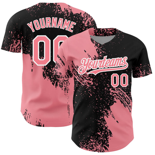 Custom Medium Pink Black-White 3D Pattern Design Abstract Brush Stroke Authentic Baseball Jersey - Main View