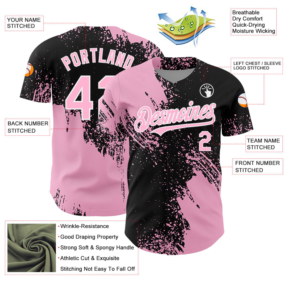 Custom Light Pink Black-White 3D Pattern Design Abstract Brush Stroke Authentic Baseball Jersey view 3