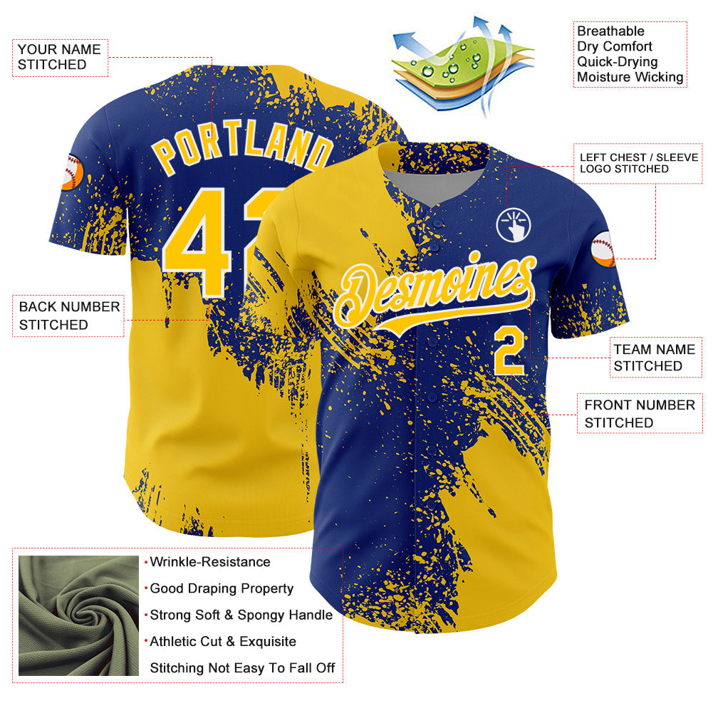 Custom Yellow Royal-White 3D Pattern Design Abstract Brush Stroke Authentic Baseball Jersey view 3
