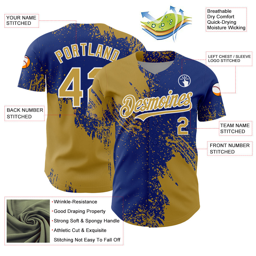 Custom Old Gold Royal-White 3D Pattern Design Abstract Brush Stroke Authentic Baseball Jersey view 3