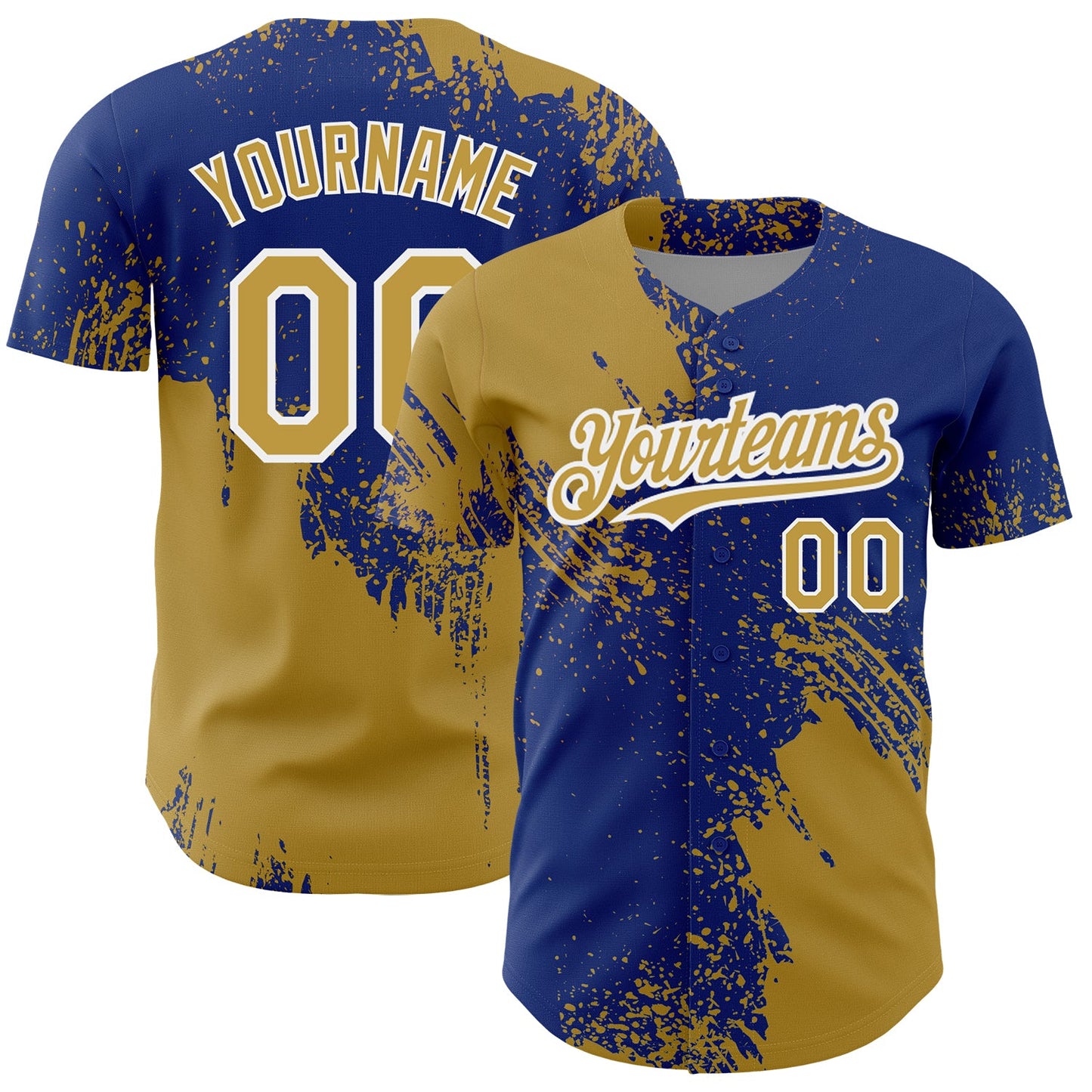 Custom Old Gold Royal-White 3D Pattern Design Abstract Brush Stroke Authentic Baseball Jersey - Main View