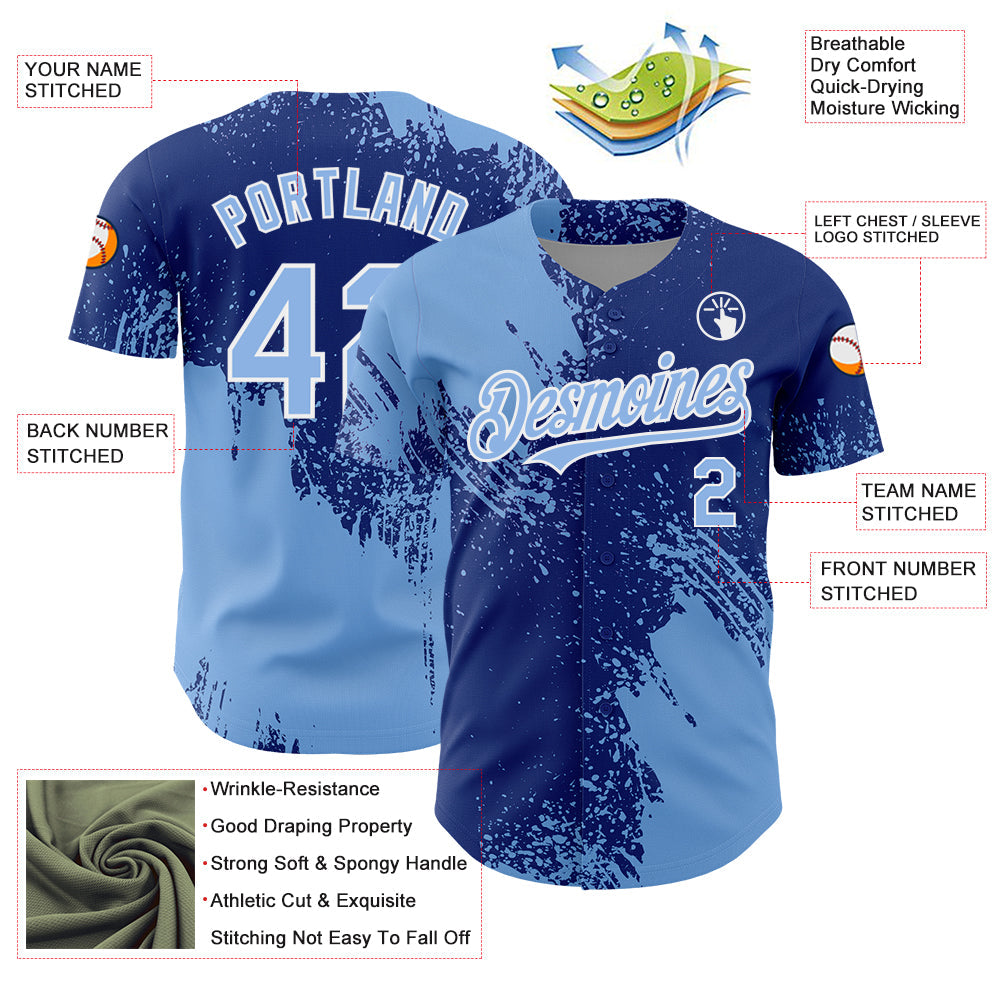 Custom Light Blue Royal-White 3D Pattern Design Abstract Brush Stroke Authentic Baseball Jersey view 3