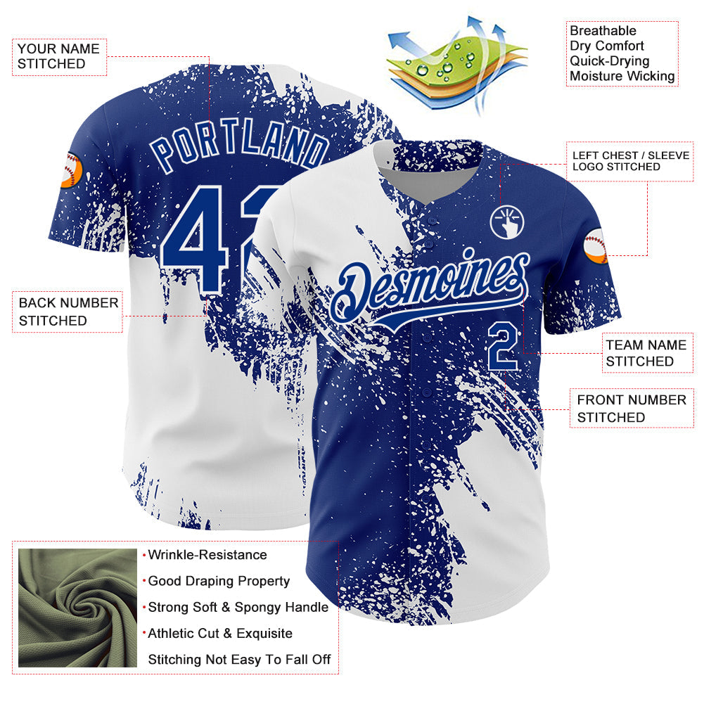 Custom White Royal 3D Pattern Design Abstract Brush Stroke Authentic Baseball Jersey view 3