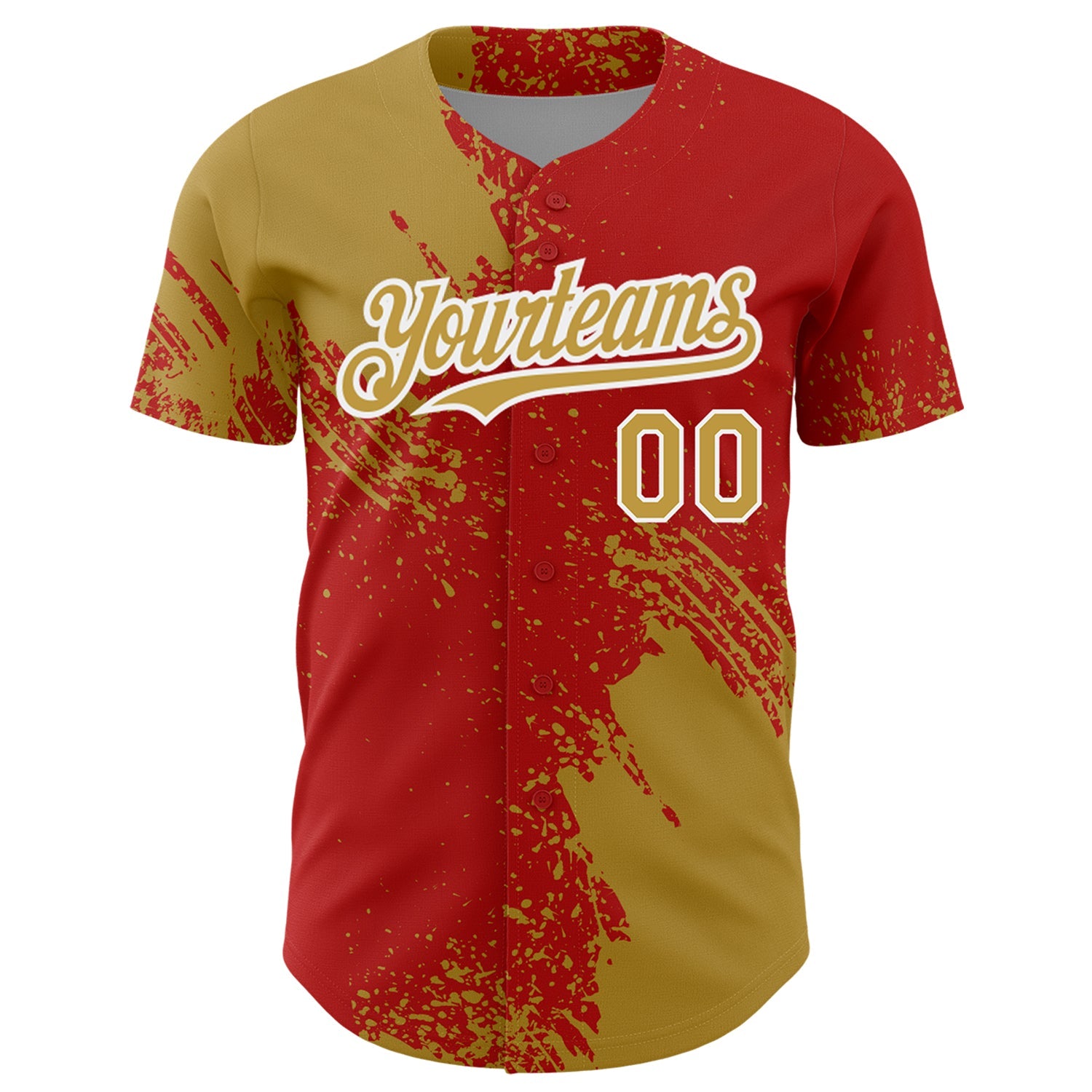 Custom Old Gold Red-White 3D Pattern Design Abstract Brush Stroke Authentic Baseball Jersey view 2