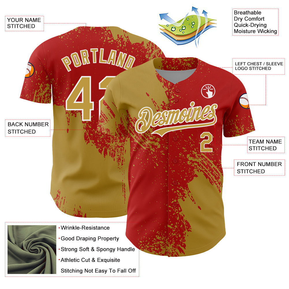 Custom Old Gold Red-White 3D Pattern Design Abstract Brush Stroke Authentic Baseball Jersey view 3