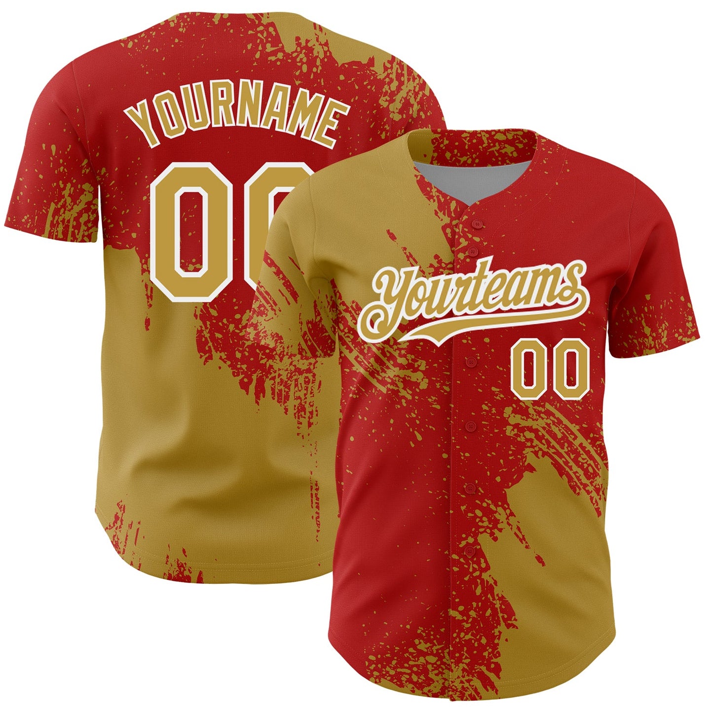 Custom Old Gold Red-White 3D Pattern Design Abstract Brush Stroke Authentic Baseball Jersey - Main View