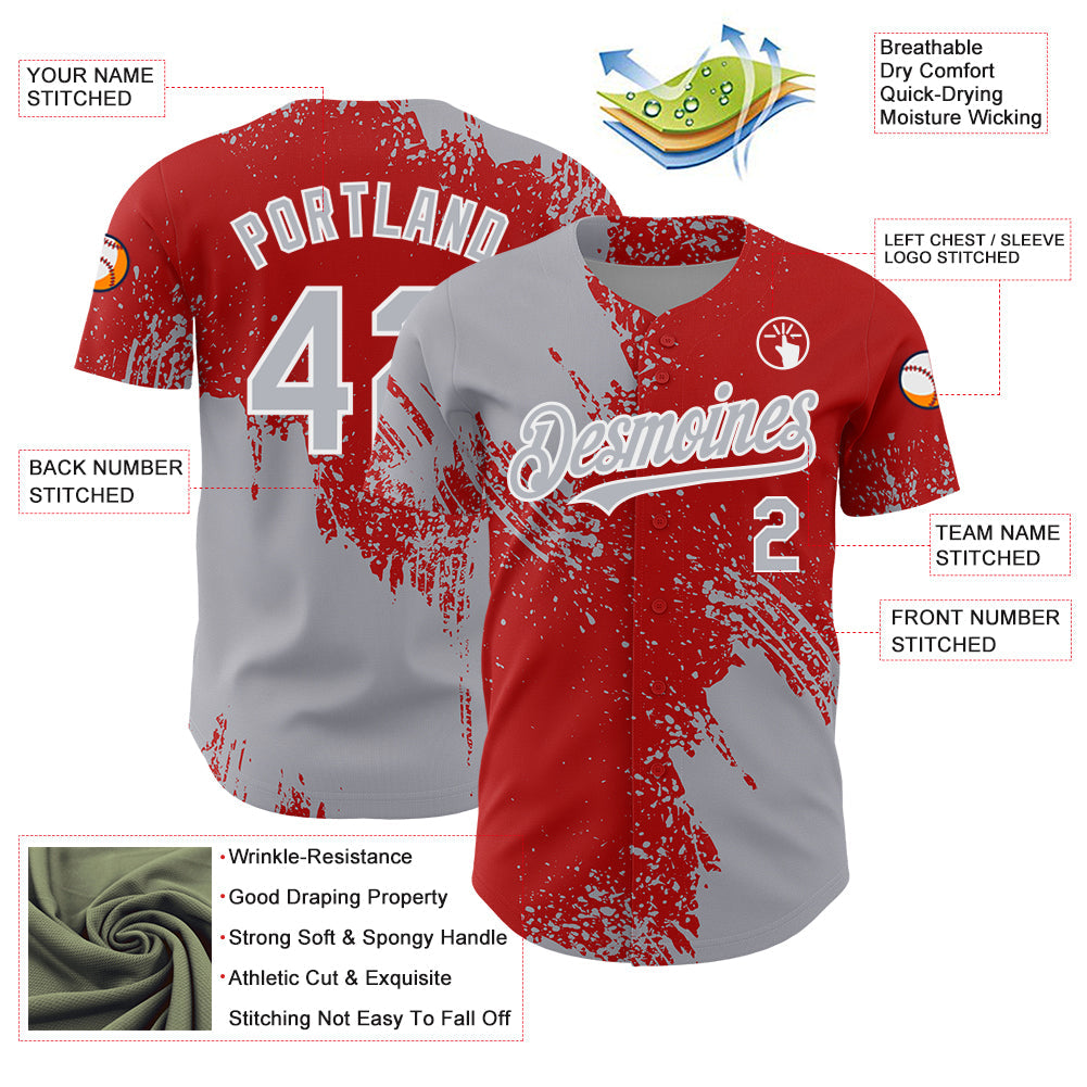 Custom Gray Red-White 3D Pattern Design Abstract Brush Stroke Authentic Baseball Jersey view 3