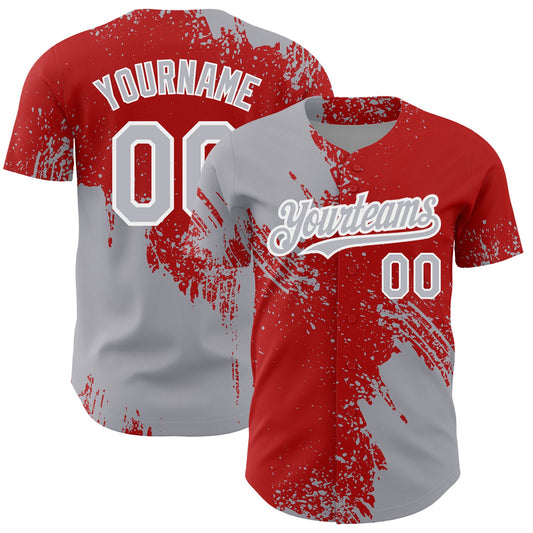 Custom Gray Red-White 3D Pattern Design Abstract Brush Stroke Authentic Baseball Jersey - Main View