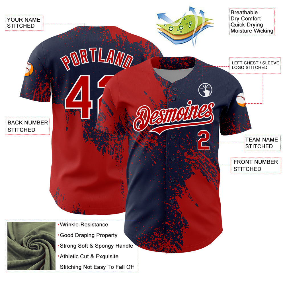 Custom Red Navy-White 3D Pattern Design Abstract Brush Stroke Authentic Baseball Jersey view 3