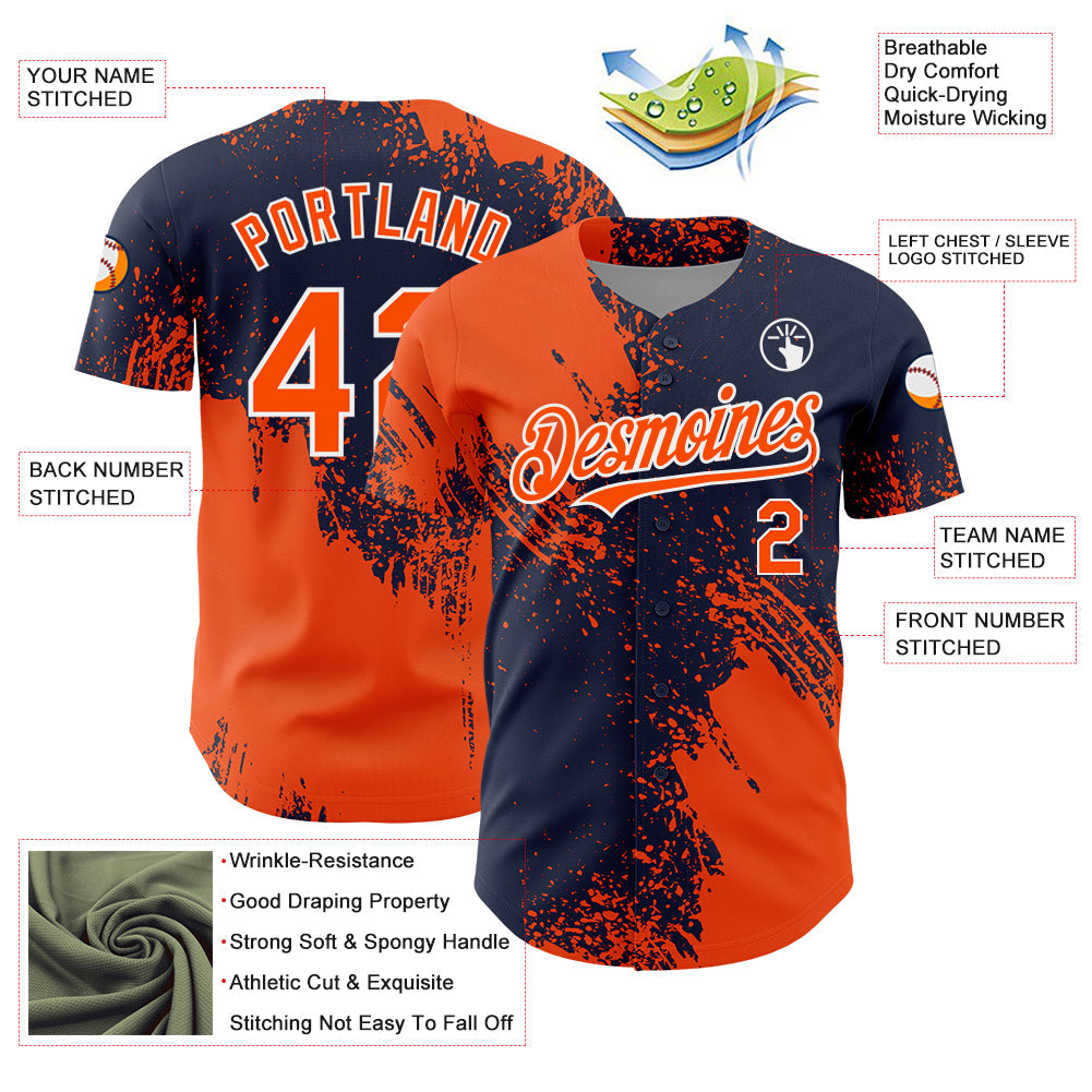 Custom Orange Navy-White 3D Pattern Design Abstract Brush Stroke Authentic Baseball Jersey view 3