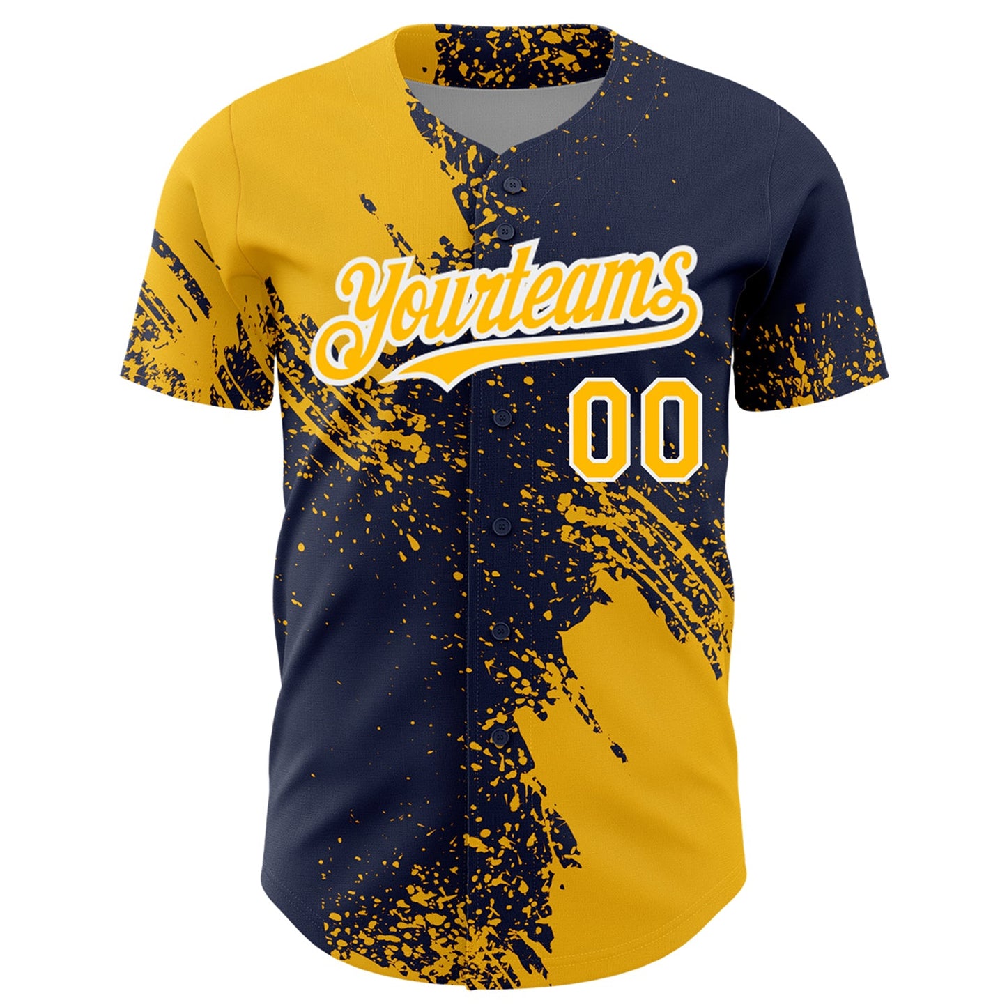 Custom Gold Navy-White 3D Pattern Design Abstract Brush Stroke Authentic Baseball Jersey view 2