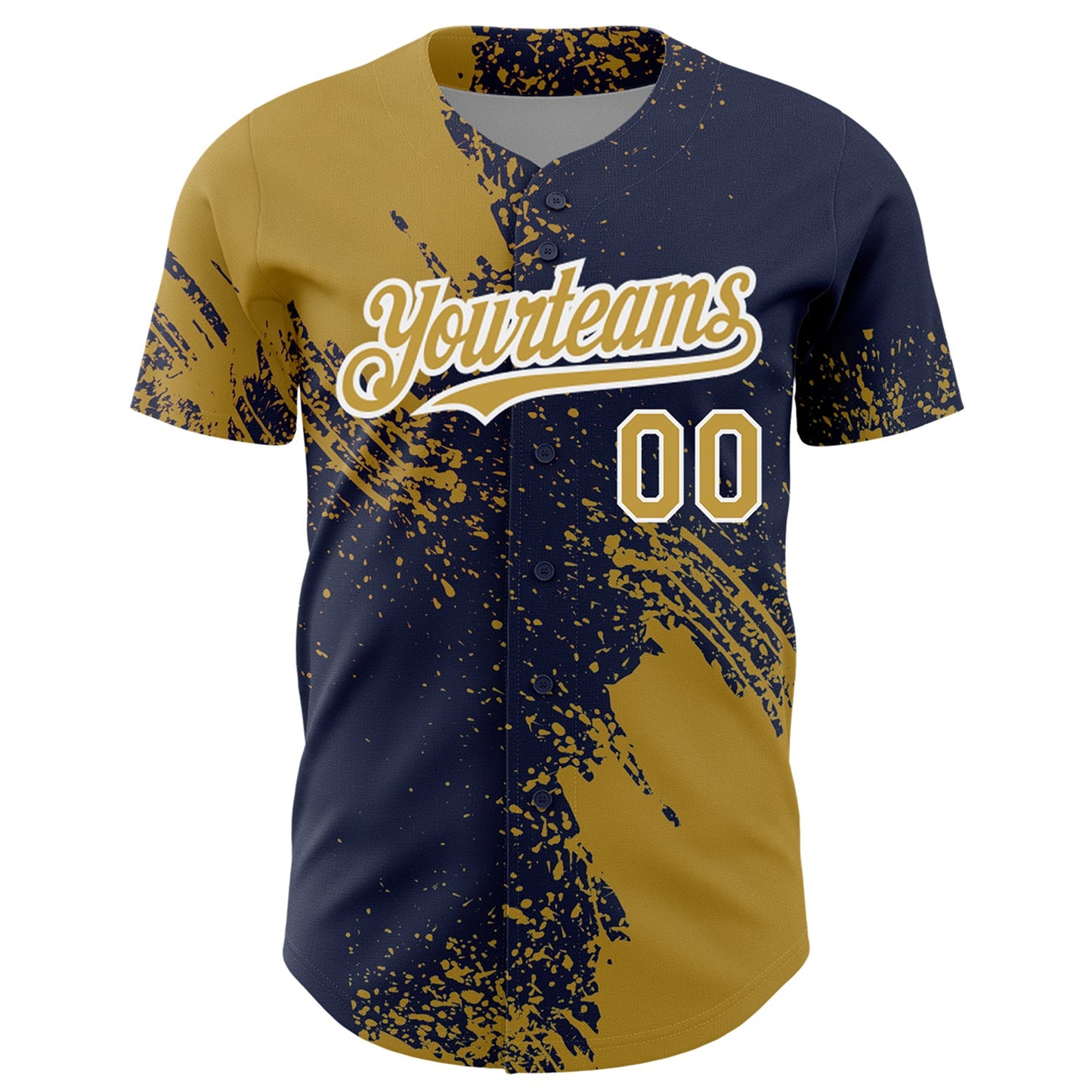 Custom Old Gold Navy-White 3D Pattern Design Abstract Brush Stroke Authentic Baseball Jersey view 2