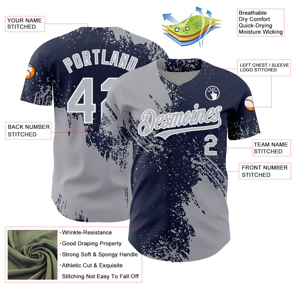 Custom Gray Navy-White 3D Pattern Design Abstract Brush Stroke Authentic Baseball Jersey view 4