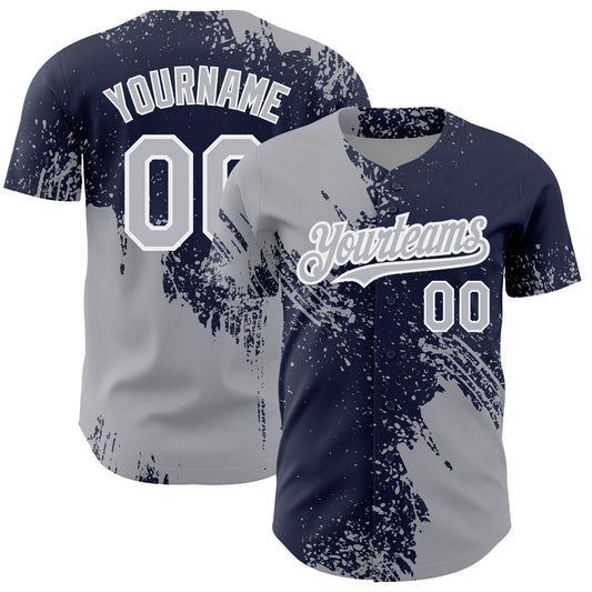 Custom Gray Navy-White 3D Pattern Design Abstract Brush Stroke Authentic Baseball Jersey - Main View