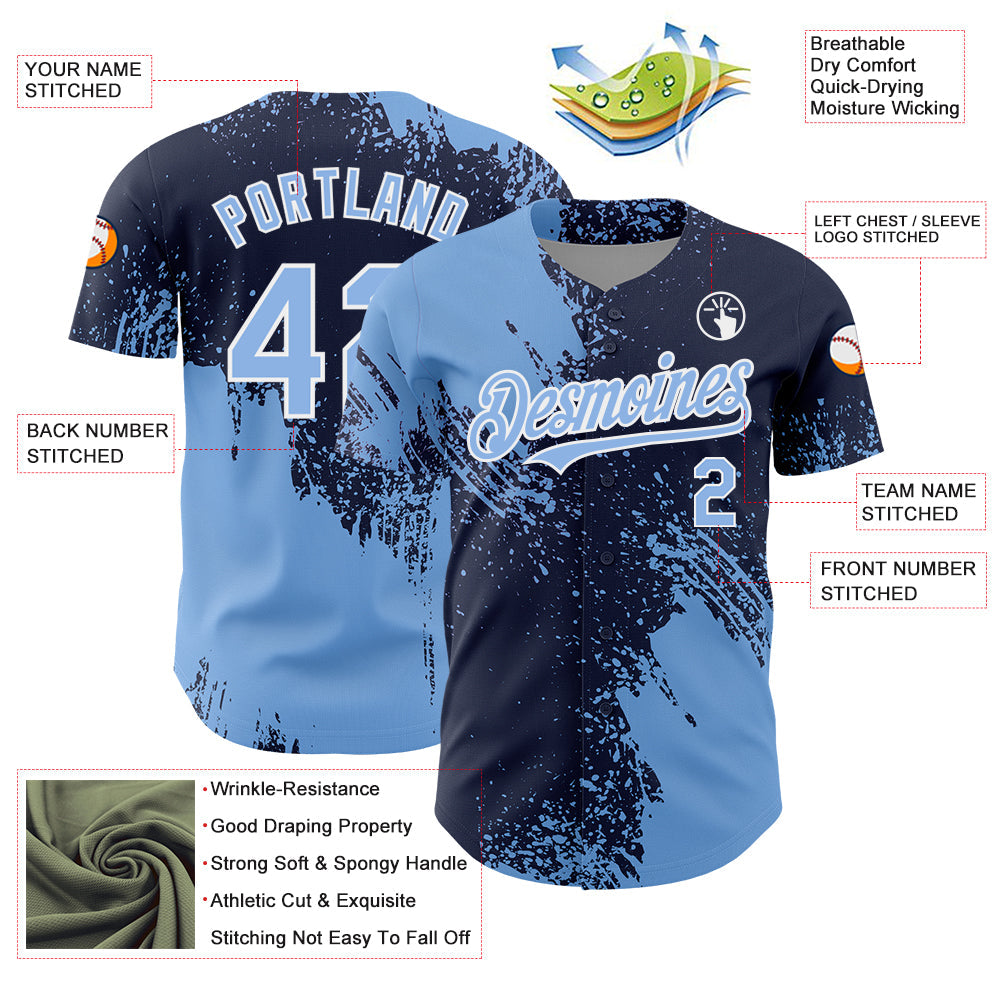 Custom Light Blue Navy-White 3D Pattern Design Abstract Brush Stroke Authentic Baseball Jersey view 3
