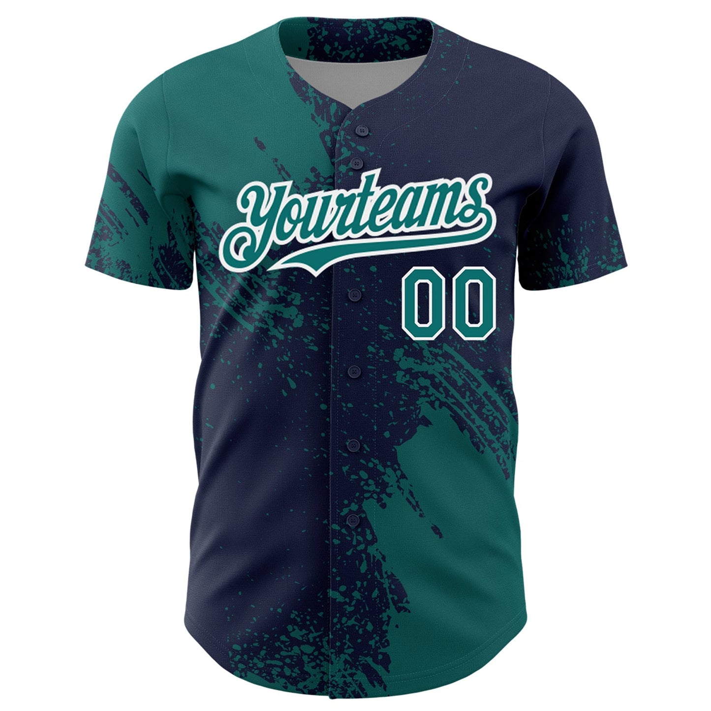 Custom Teal Navy-White 3D Pattern Design Abstract Brush Stroke Authentic Baseball Jersey view 2