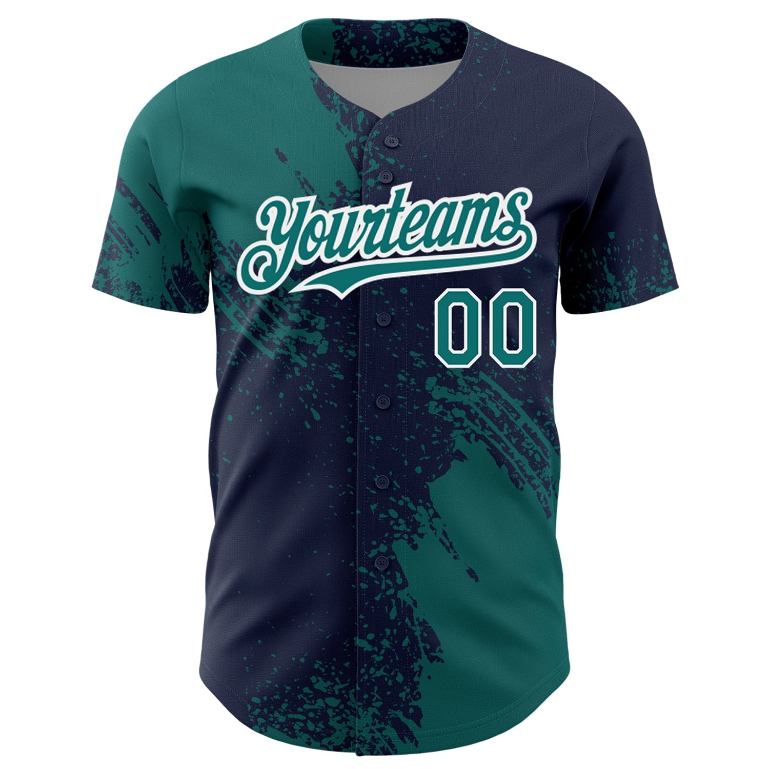 Custom Teal Navy-White 3D Pattern Design Abstract Brush Stroke Authentic Baseball Jersey view 2