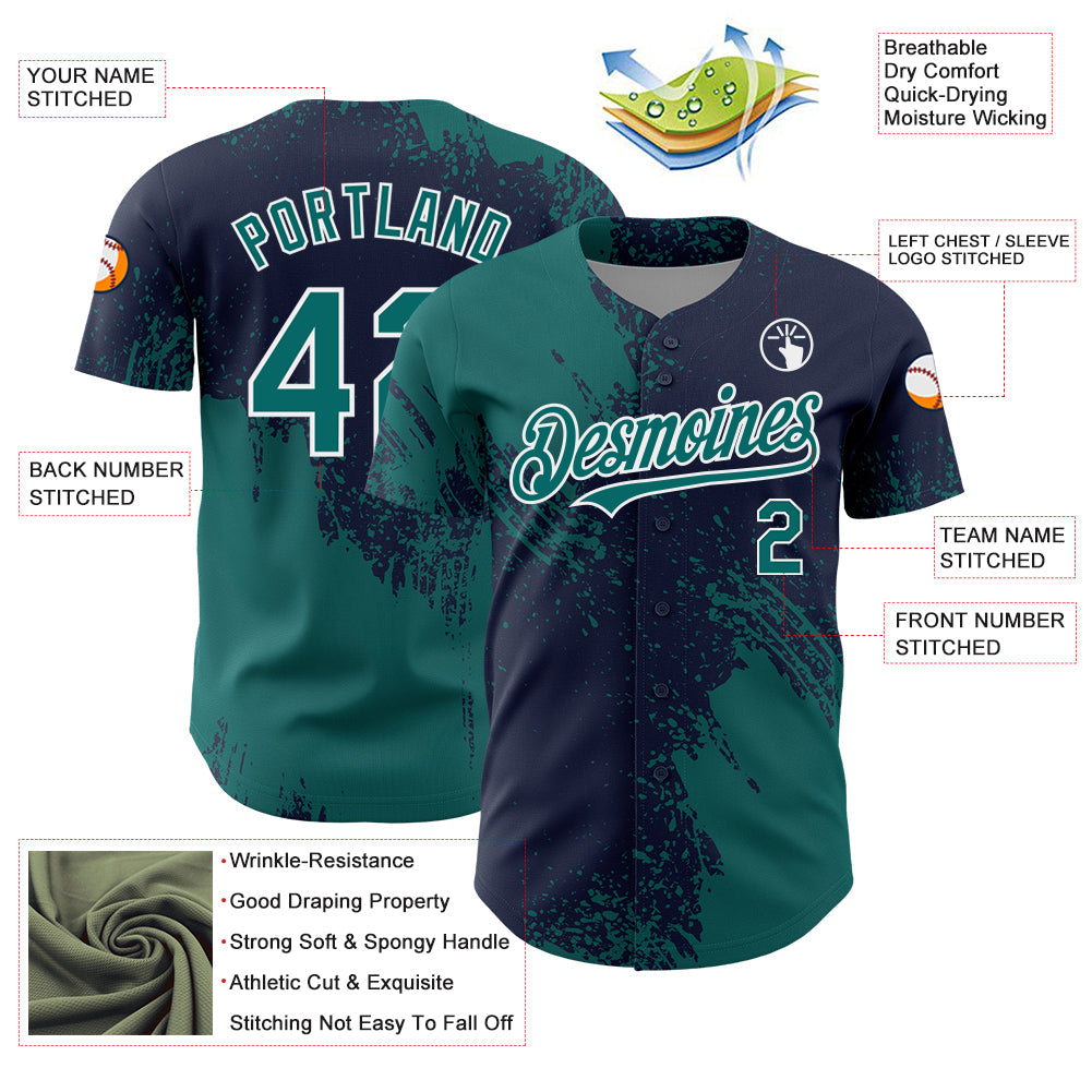 Custom Teal Navy-White 3D Pattern Design Abstract Brush Stroke Authentic Baseball Jersey view 3