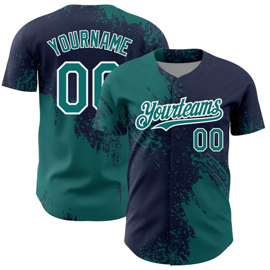 Custom Teal Navy-White 3D Pattern Design Abstract Brush Stroke Authentic Baseball Jersey - Main View