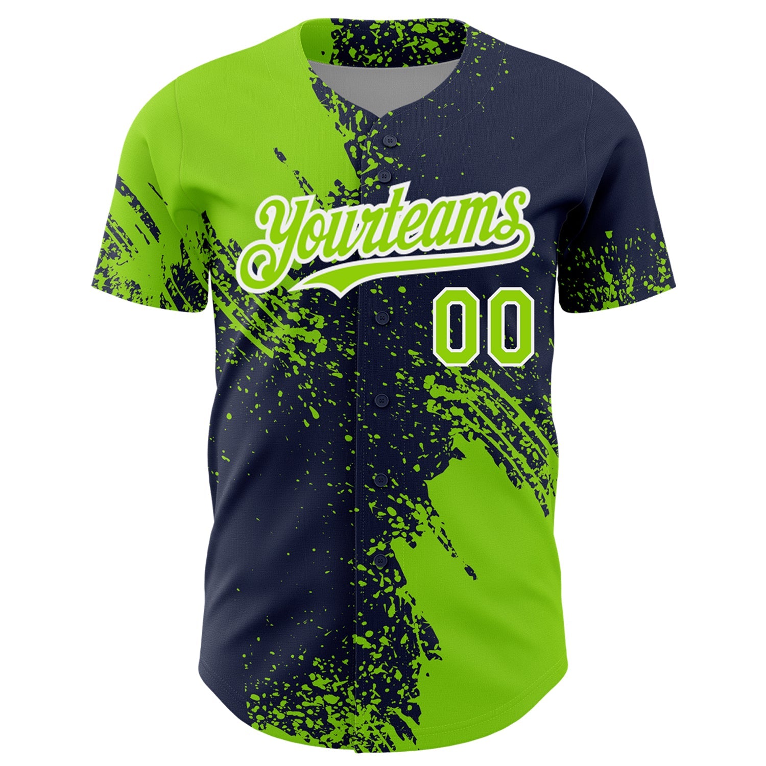 Custom Neon Green Navy-White 3D Pattern Design Abstract Brush Stroke Authentic Baseball Jersey view 2
