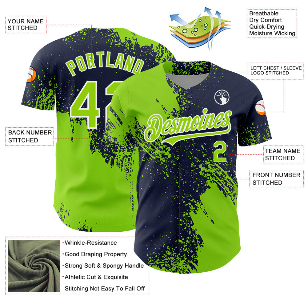 Custom Neon Green Navy-White 3D Pattern Design Abstract Brush Stroke Authentic Baseball Jersey view 3