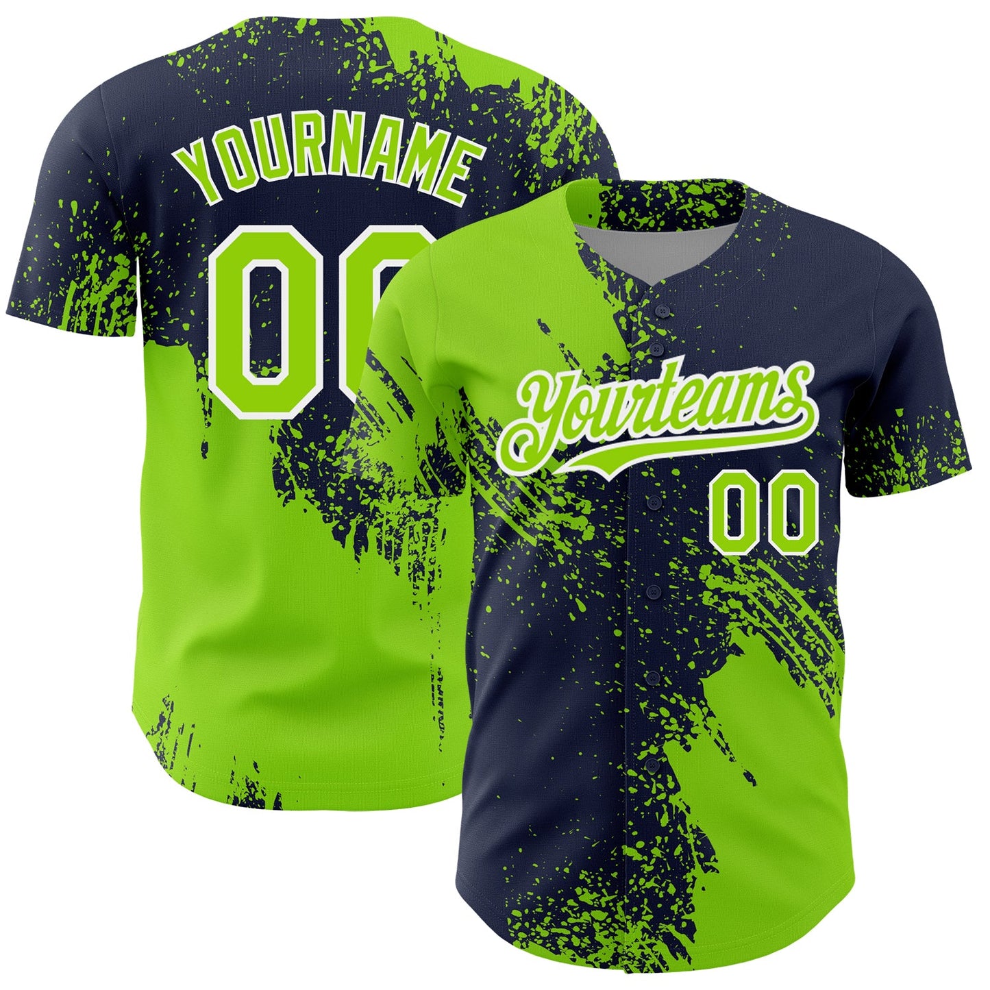 Custom Neon Green Navy-White 3D Pattern Design Abstract Brush Stroke Authentic Baseball Jersey - Main View