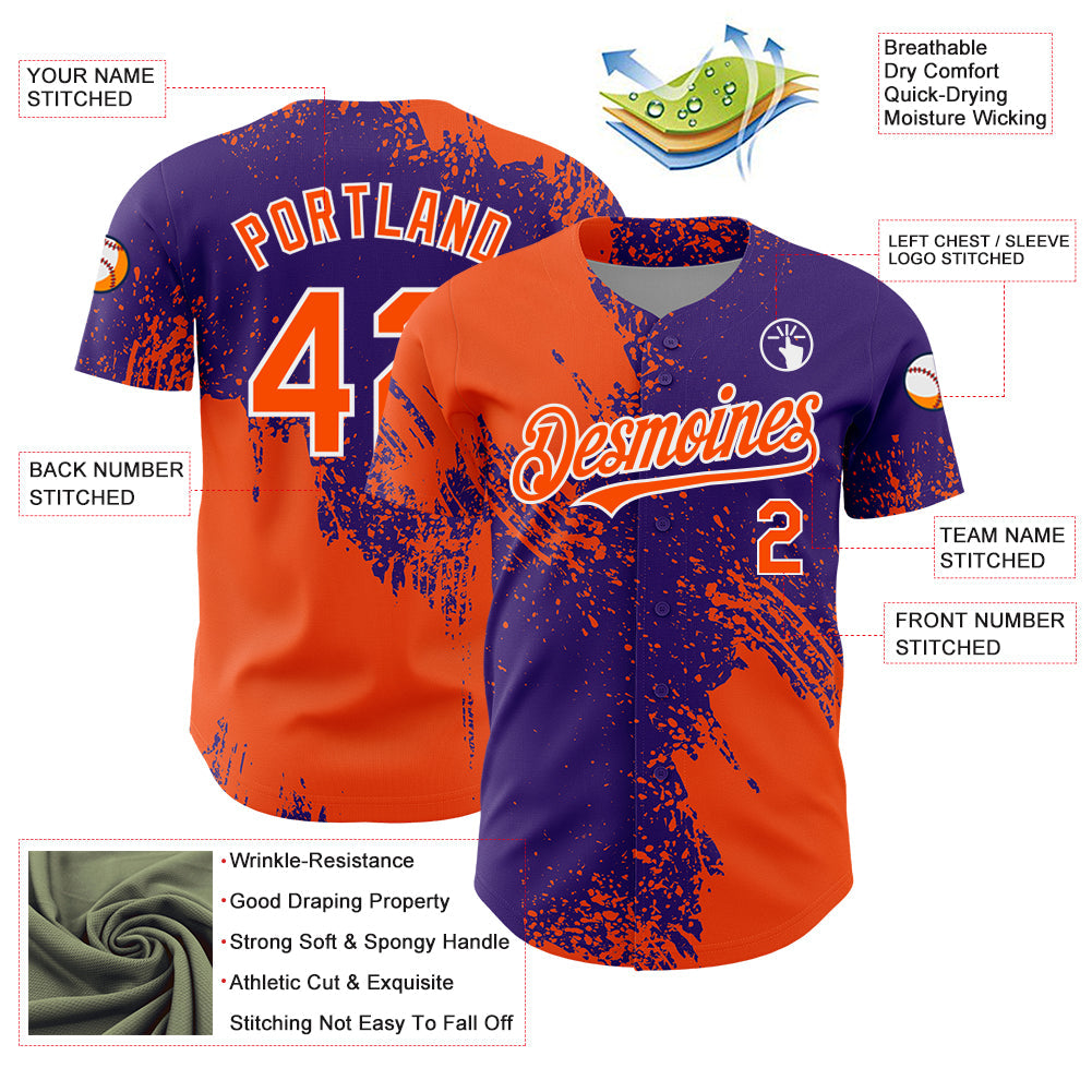 Custom Orange Purple-White 3D Pattern Design Abstract Brush Stroke Authentic Baseball Jersey view 3