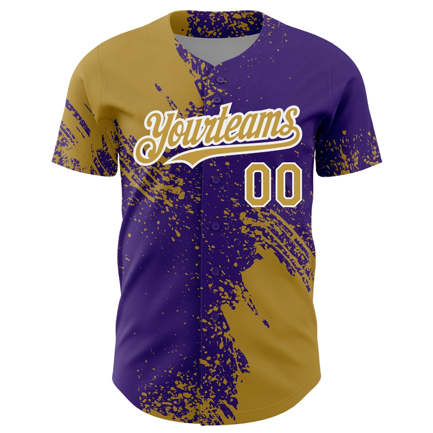 Custom Old Gold Purple-White 3D Pattern Design Abstract Brush Stroke Authentic Baseball Jersey view 2