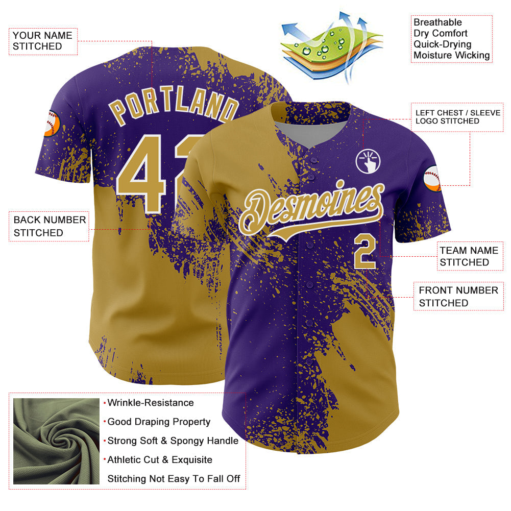 Custom Old Gold Purple-White 3D Pattern Design Abstract Brush Stroke Authentic Baseball Jersey view 3