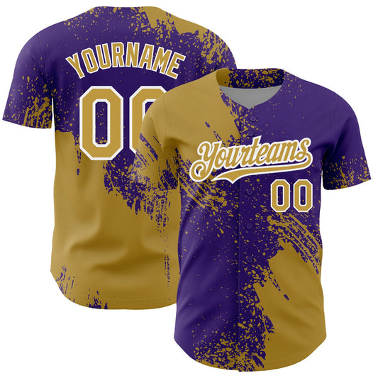 Custom Old Gold Purple-White 3D Pattern Design Abstract Brush Stroke Authentic Baseball Jersey - Main View