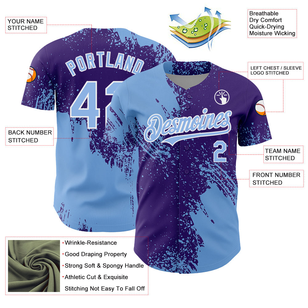 Custom Light Blue Purple-White 3D Pattern Design Abstract Brush Stroke Authentic Baseball Jersey view 3