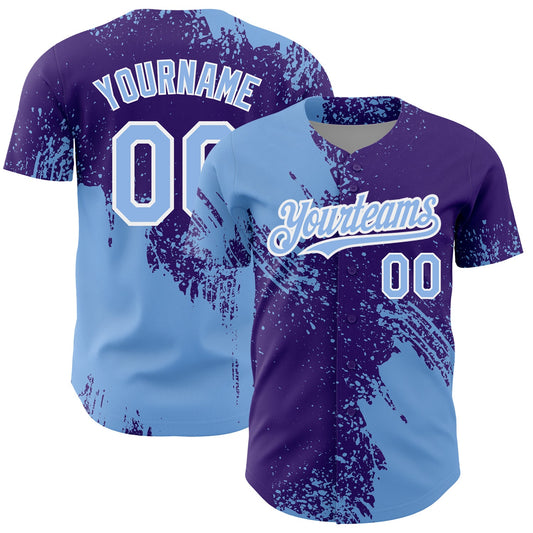 Custom Light Blue Purple-White 3D Pattern Design Abstract Brush Stroke Authentic Baseball Jersey - Main View