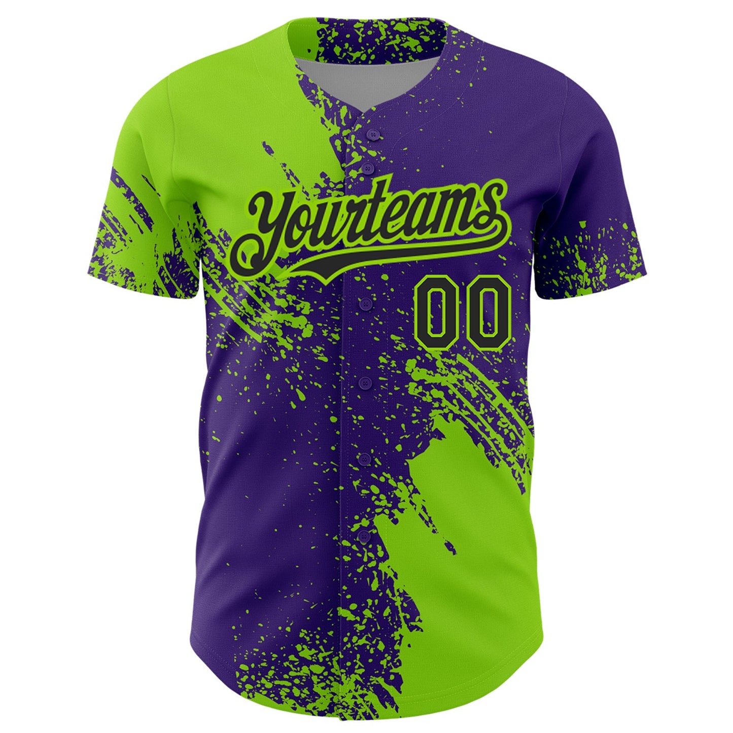 Custom Neon Green Black-Purple 3D Pattern Design Abstract Brush Stroke Authentic Baseball Jersey view 2