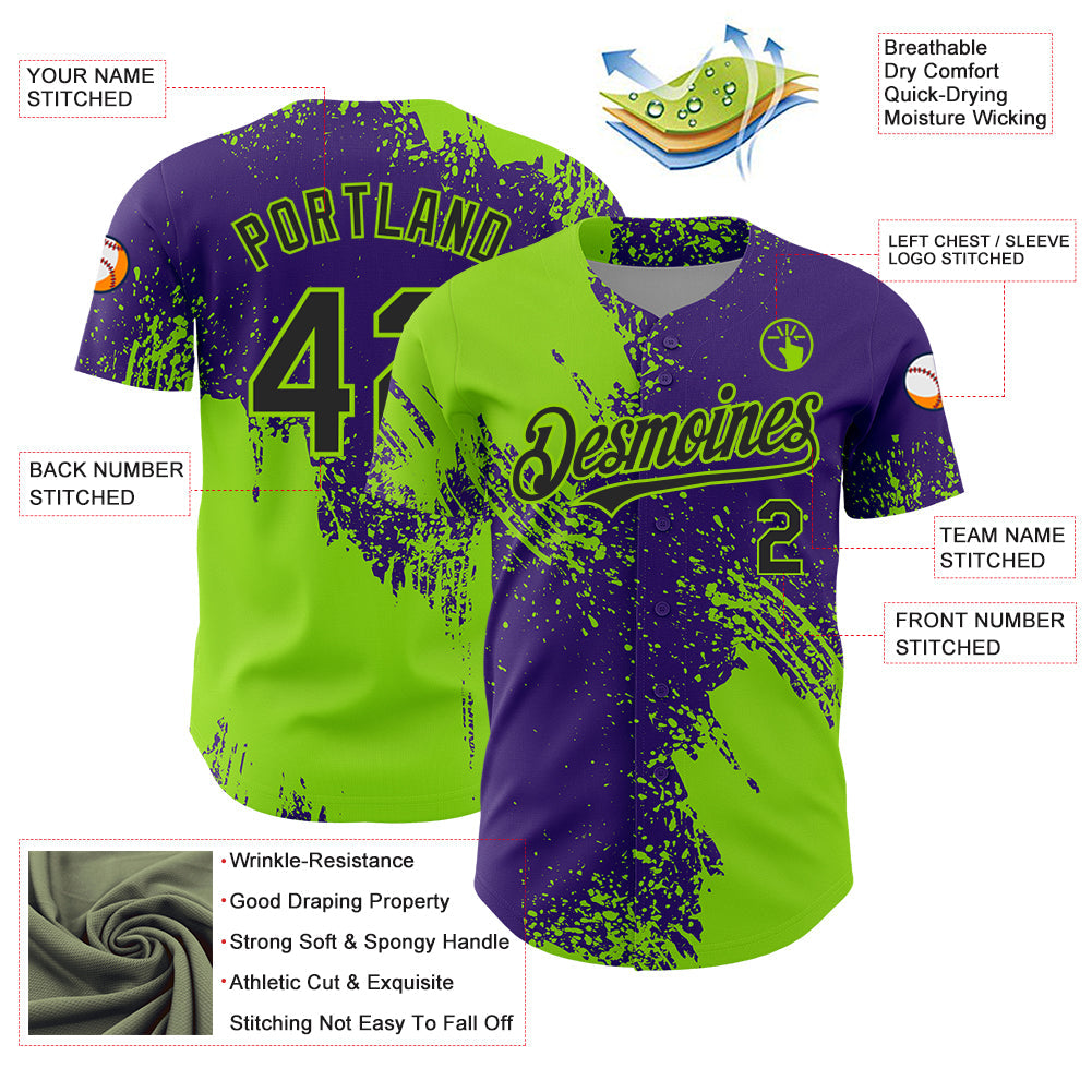 Custom Neon Green Black-Purple 3D Pattern Design Abstract Brush Stroke Authentic Baseball Jersey view 3