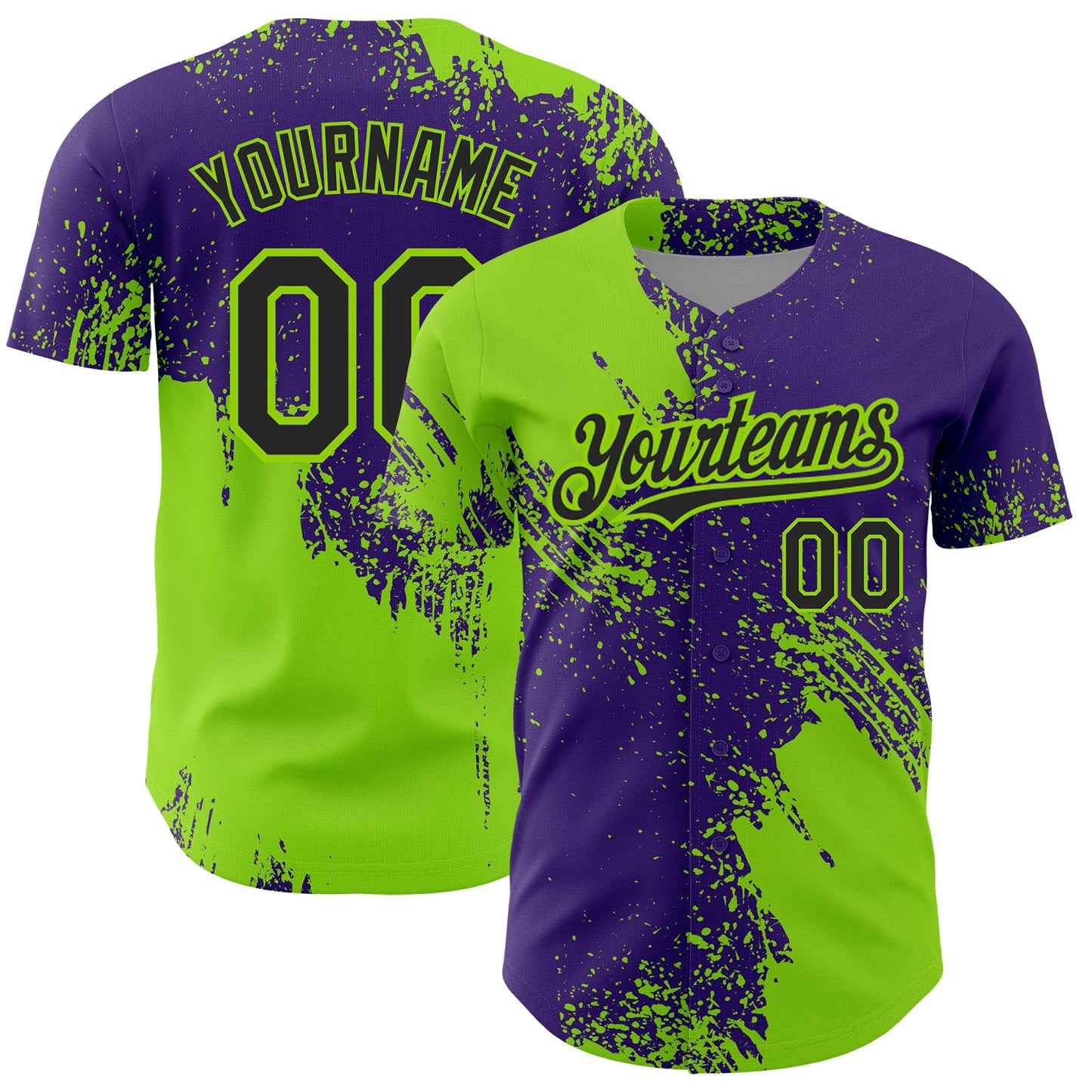 Custom Neon Green Black-Purple 3D Pattern Design Abstract Brush Stroke Authentic Baseball Jersey - Main View